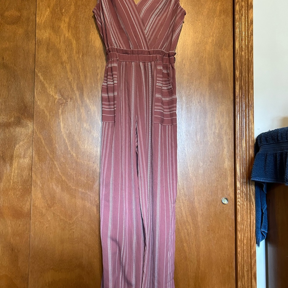Monteau Rose-Mauve Striped V-Neck Wide-Leg Jumpsuit Small